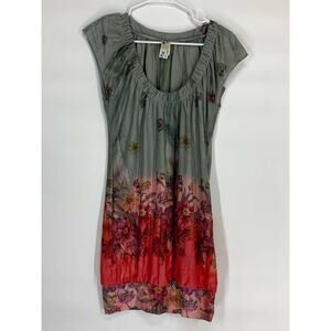 Gray Red Floral Mini Scoop Neck Floral Print Short Sleeve Dress Women’s Medium